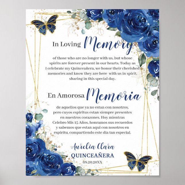Póster Azul Real Floral Quinceañera 16 En Memoria Amorosa (Frente)
