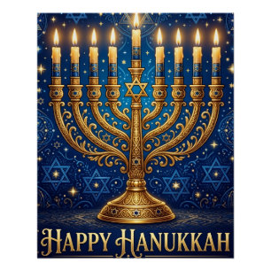Póster Azul Rico y Dorado Hanukkah Adornado con Joyas