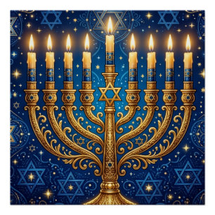 Póster Azul Rico y Dorado Hanukkah con Joyas