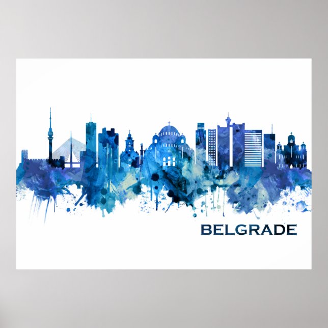 Póster Azul Skyline de Belgrado Serbia (Frente)