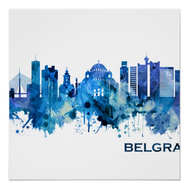 Póster Azul Skyline de Belgrado Serbia (Anverso)