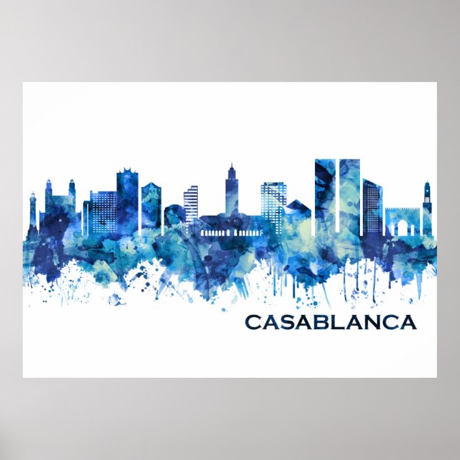 Póster Azul Skyline de Casablanca Marruecos (Frente)