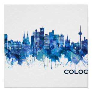 Póster Azul Skyline de Cologne Germany