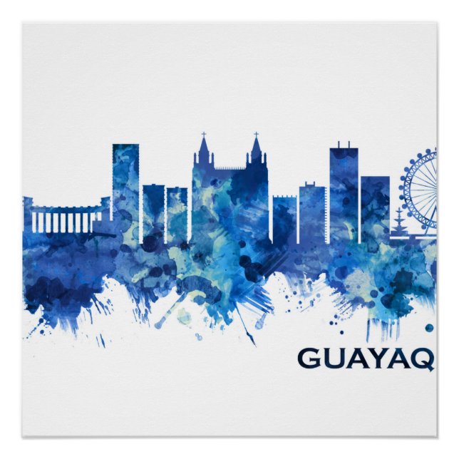 Póster Azul Skyline de Guayaquil Ecuador (Anverso)