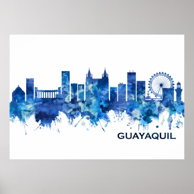 Póster Azul Skyline de Guayaquil Ecuador (Frente)