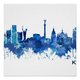 Póster Azul Skyline de Kiev Ucrania