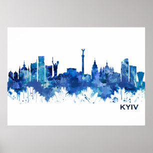 Póster Azul Skyline de Kiev Ucrania