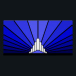 Póster Azul solar Art deco<br><div class="desc">Un clásico estilo Art Deco patrón solar en azul. Un patrón icónico del sol saliendo por detrás de un estilizado edificio de estilo Art Déco. Un diseño sencillo pero elegante,  fiel a la época.</div>