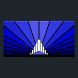Póster Azul solar Art deco<br><div class="desc">Un clásico estilo Art Deco patrón solar en azul. Un patrón icónico del sol saliendo por detrás de un estilizado edificio de estilo Art Déco. Un diseño sencillo pero elegante,  fiel a la época.</div>