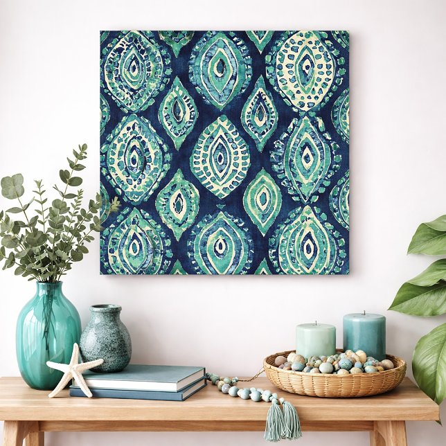Póster Azul Teal Boho Ikat Medallón Patrón Costa Moderna (Blue and green abstract wall art)