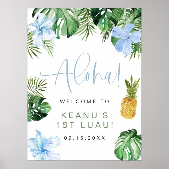 Póster Azul tropical LALANI Hibiscus Luau Primer cumpleañ (Frente)