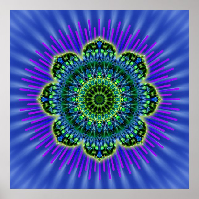 Póster azul verde Mandala | flor real (Frente)