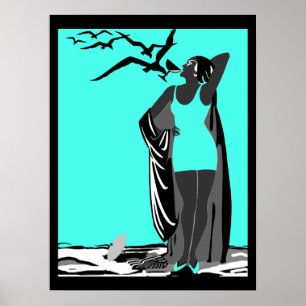 Póster azul verdoso SEÑORA ART DECO pájaros Blanco