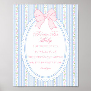Póster Azul Vintage Elegante Floral Consejos para Baby Sh