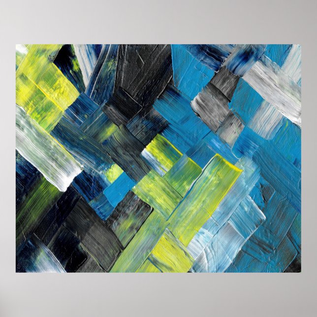 Póster Azul y Amarillo Pincelada Abstracta Geométrica (Frente)
