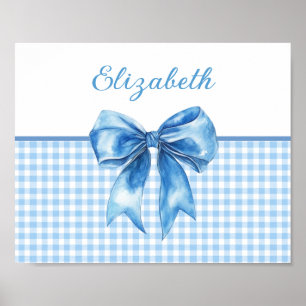 Póster Azul y Blanco Preppy Gingham y Lazo