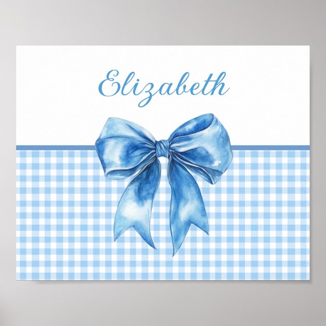 Póster Azul y Blanco Preppy Gingham y Lazo (Frente)