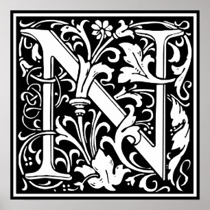 Póster Azulejo de letra N de monograma de alfabeto floral