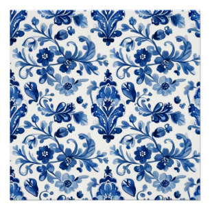 Póster Azulejo Floral Azul Vintage Portugués
