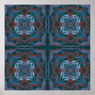 Póster Azulejo Mediterráneo Floral Turquesa