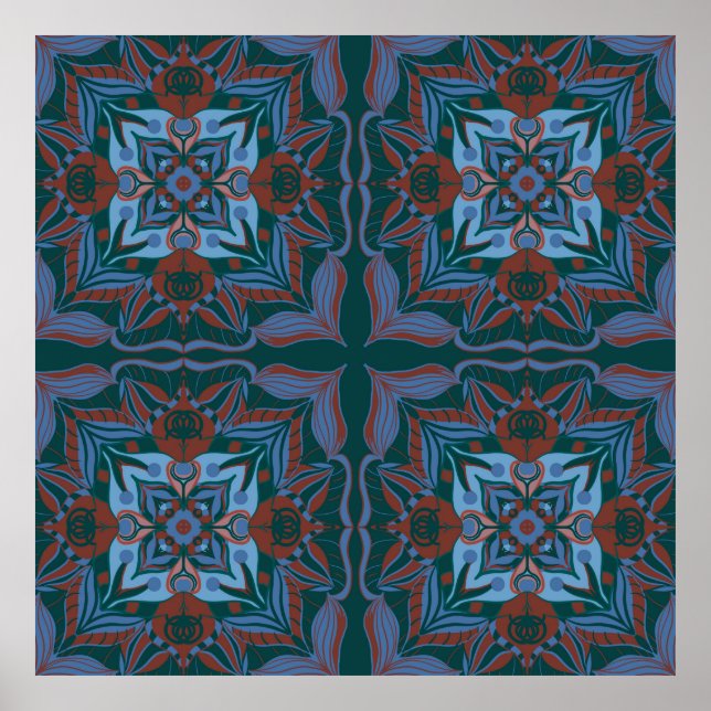 Póster Azulejo Mediterráneo Floral Turquesa (Frente)