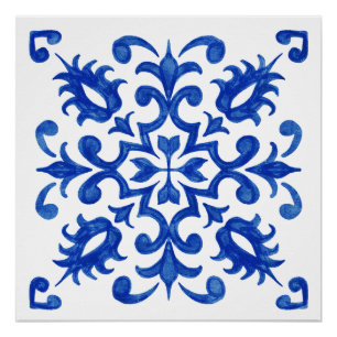 Póster Azulejo portugués azul central medallón redondo
