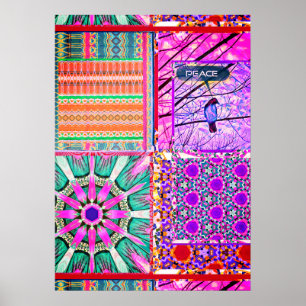 Póster Azulejos azulejos geométricos con pájaro de la paz