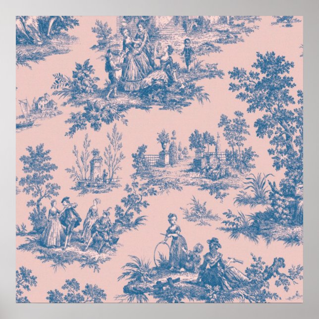Póster Azulejos de jouy azul y rosa elegante (Frente)