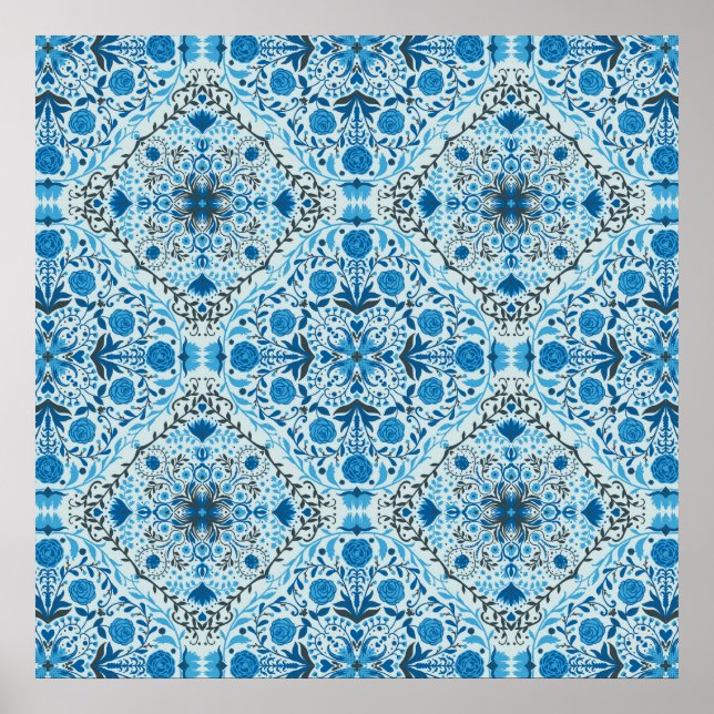 Póster Azulejos florales azules (Frente)