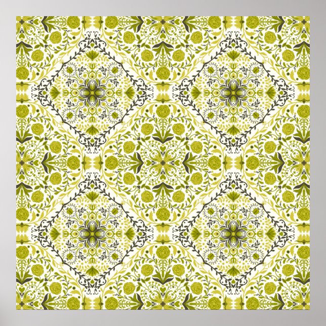 Póster Azulejos florales en verde (Frente)