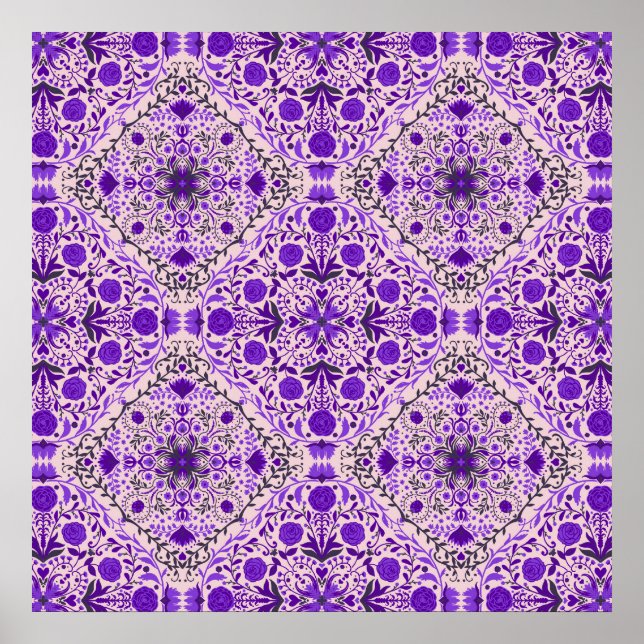 Póster Azulejos florales en violeta y rosa algodón de azú (Frente)