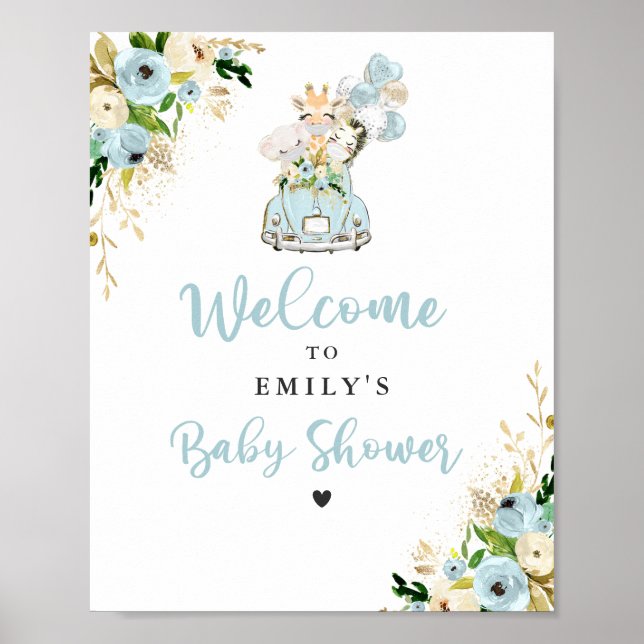 Póster Azules Florales De Safari Animados Por Baby Shower (Frente)