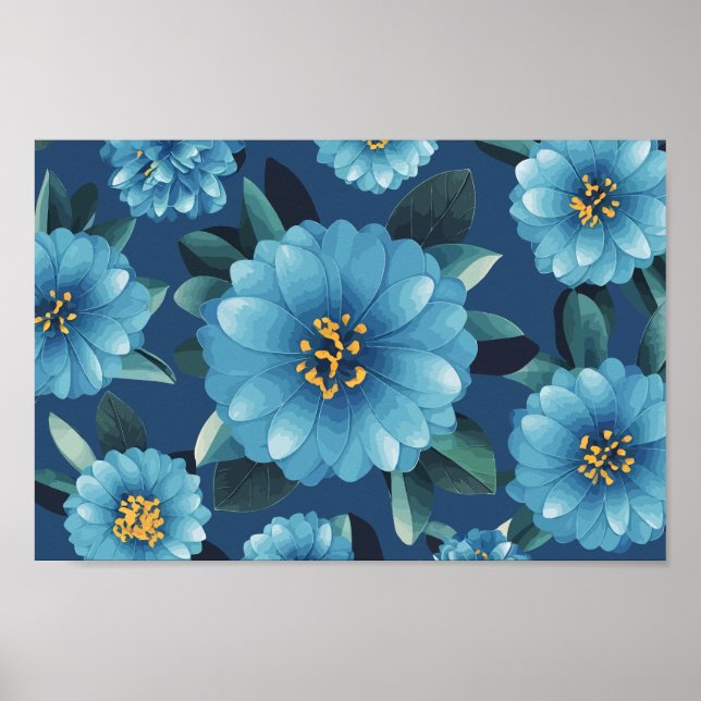 Póster Azure Blooms: Vibrante Patrón Floral Azul (Frente)