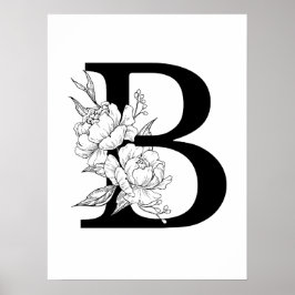 Póster B botanical monogram. Letter initial with peonies