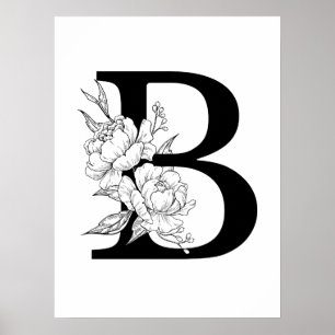 Póster B botanical monogram. Letter initial with peonies