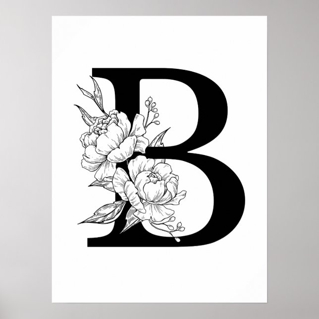 Póster B botanical monogram. Letter initial with peonies (Frente)