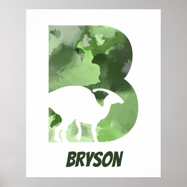 Póster "B" Dinosaurio acuarela Verde Poster de nombre de  (Frente)