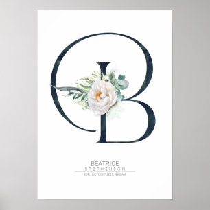 Póster B Letra Monograma Flores blancas y vegetación