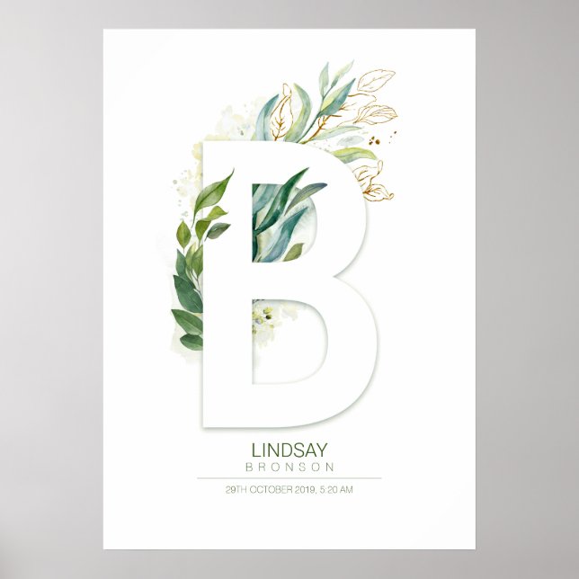 Póster B Letra monograma Moda de follaje de verde oro (Frente)