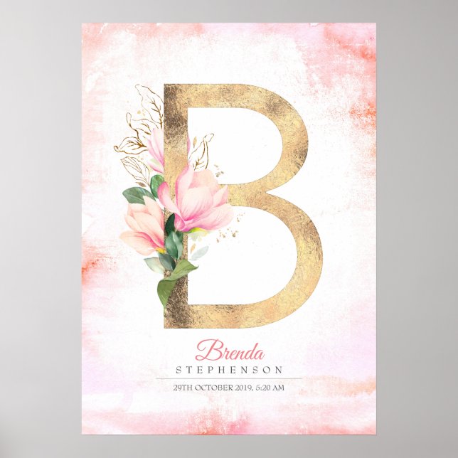 Póster B Letra Monograma Oro Salta Magnolia Rosa Floral (Frente)