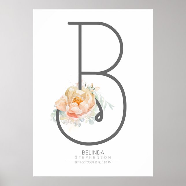 Póster B Letter Monogram Blush Peach Floral Home Decor (Frente)