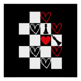 Póster B&W de Chessboard Heart Día de San Valentín