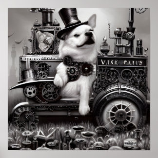 Póster B&W Steampunk Dog & Train