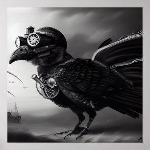 Póster B&W Steampunk Robot Bird