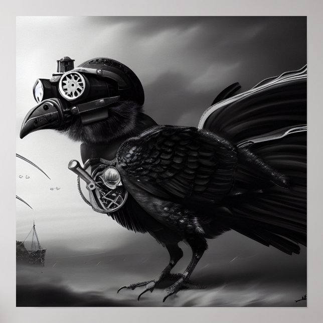 Póster B&W Steampunk Robot Bird (Frente)