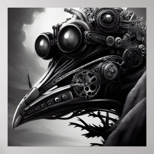 Póster B&W Steampunk Robot Raven (Frente)