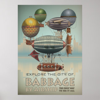 Póster Babbage de la compañía aérea Steampunk Vintage Tra
