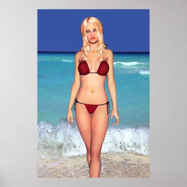 Póster Babe Blonde Bikini Beach (Frente)