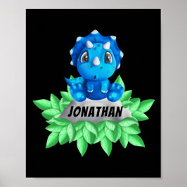 Póster Baby Blue Triceratops Dinosaur Black Poster