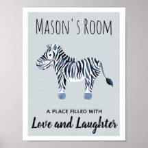 Baby Boy's Blue Watercolor Zebra Nursery Art